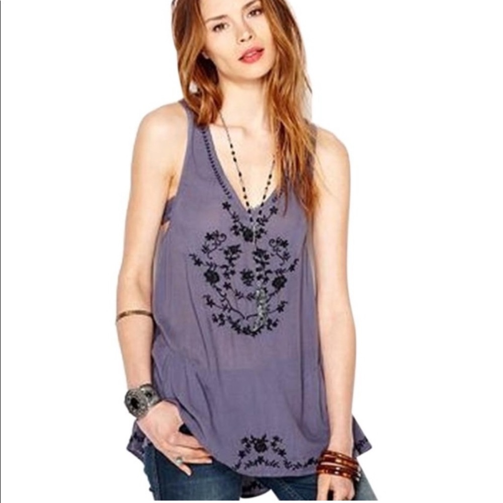 Free People Wild Strawberry Embroidered Purple Tunic Tank Top Cutout Sides